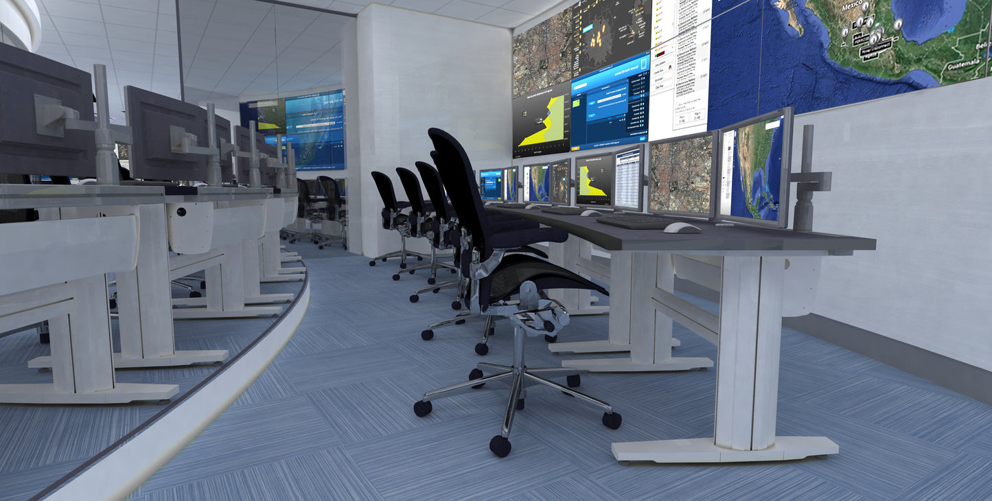 Centro de comando y control, mostrando la disposición ergonómica de las estaciones de trabajo y la integración de un videowall inmersivo para la visualización de datos críticos.