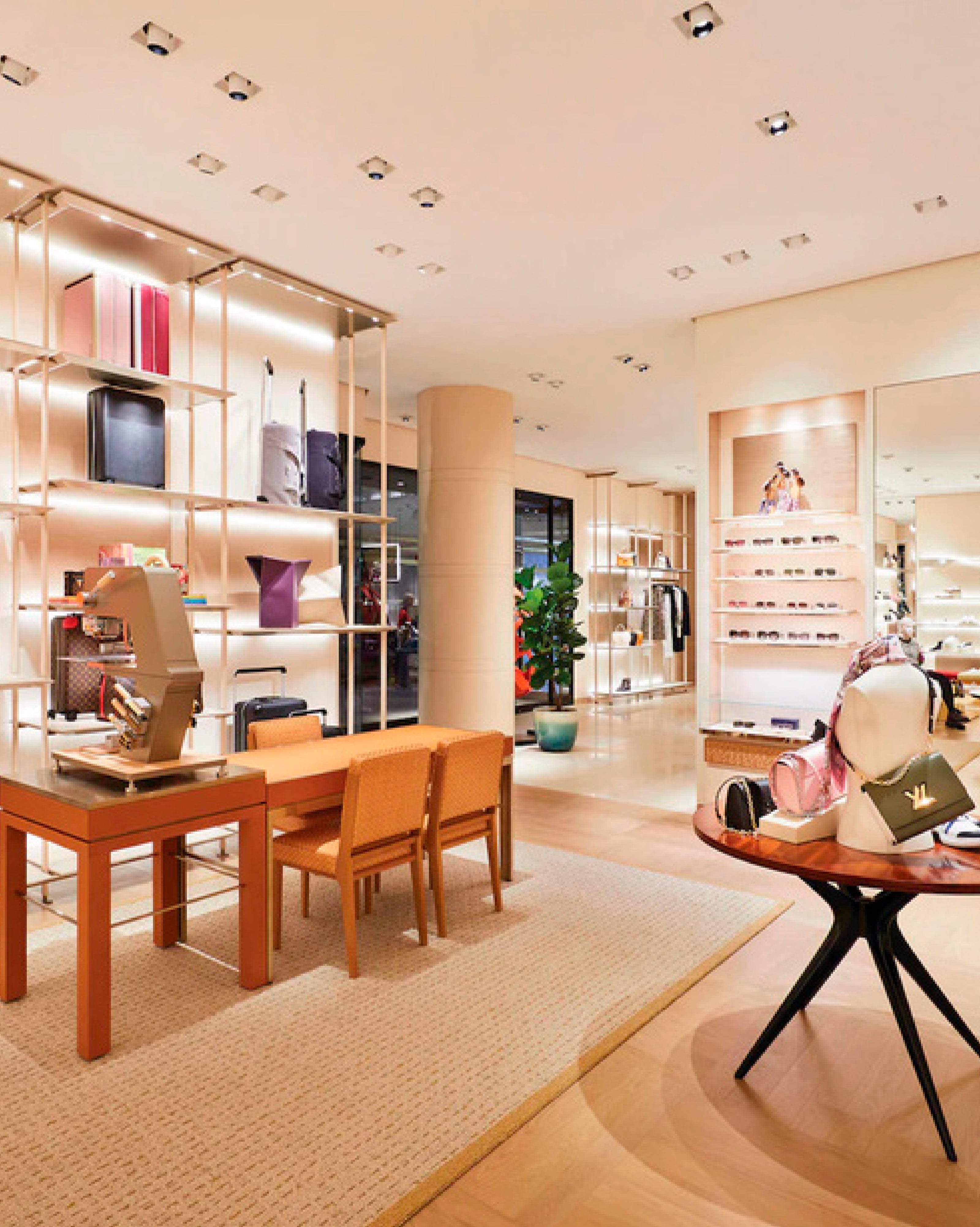 Interior de una tienda de lujo con iluminación cálida, que muestra estanterías con maletas, exhibidores de bolsos y lentes, y un techo con luminarias empotradas donde se integran discretamente los sistemas de audio para retail.